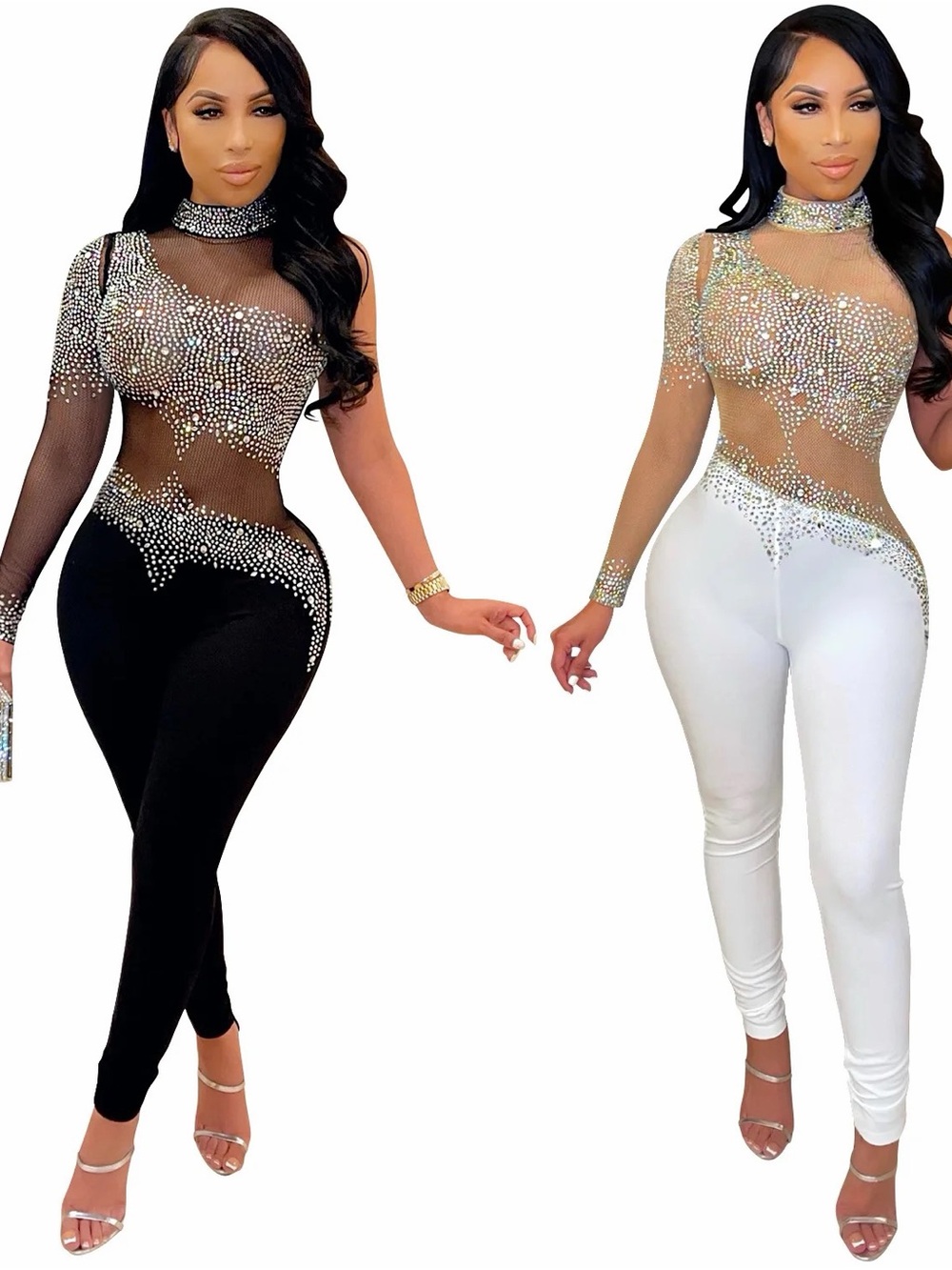 Black Long-Sleeve Jumpsuit with Silver Dot Accent